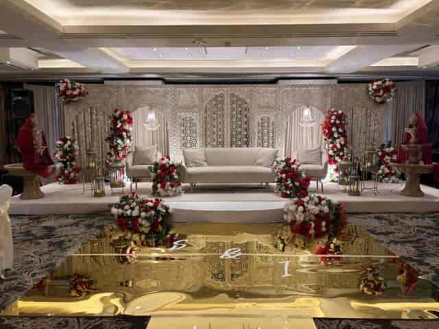 Luxury wedding stage with gold dance floor at Culloden Suite, Drumossie Hotel event venue.