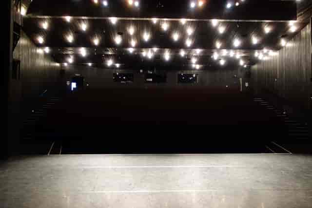Bonnie Bird Theatre: moody wood-paneled stage for intimate keynote presentations and events.