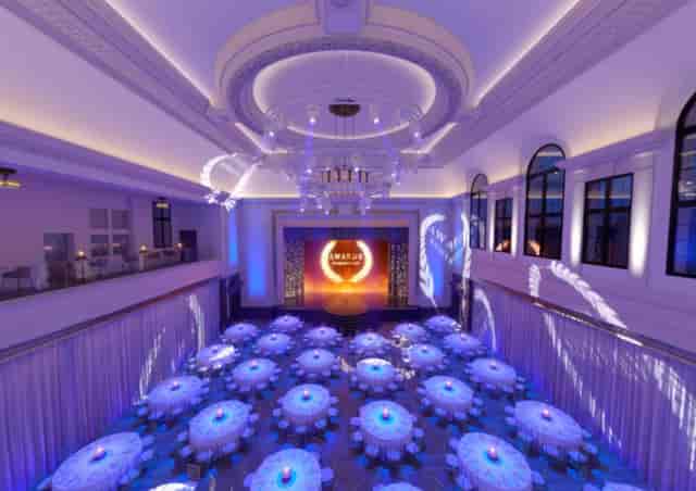 Great Hall theater-style ballroom with architectural lighting for gala dinners or awards ceremonies.