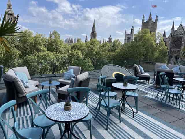 Covered rooftop balcony with London skyline view for VIP networking events.