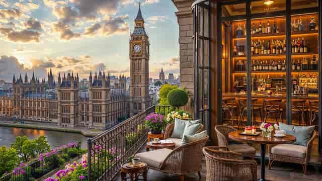 Covered balcony with clocktower view, luxury VIP reception and executive networking rooftop venue.