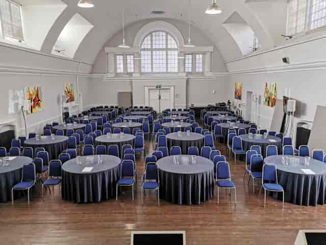 Mary Ward Hall banquet setup for high-capacity corporate events and historic venue conferences.