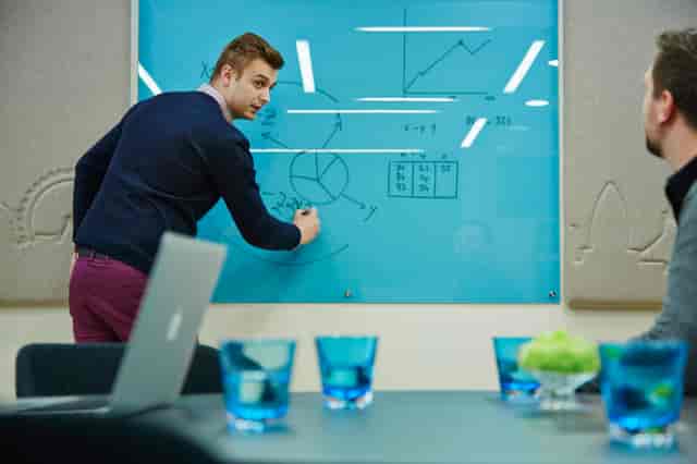 Studio 3 meeting room in London Marriott Kensington with glass whiteboard for corporate workshop.