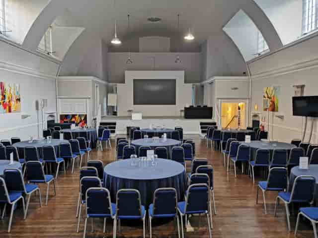 Mary Ward Hall vaulted ceiling, versatile event space for banquet or conference venue hire.