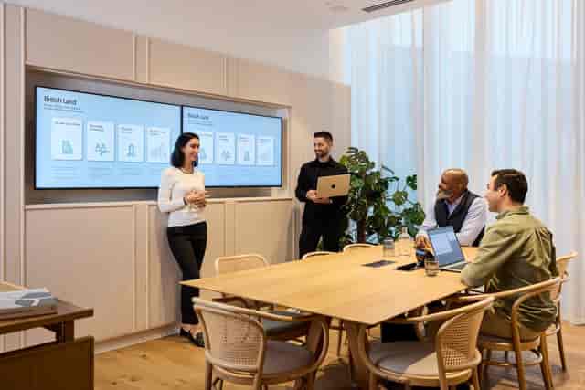 Modern boardroom with AV tech at Storey Club Paddington for executive briefings and presentations.