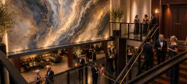 Luxury event venue at Convene Rathbone with architectural lighting for networking and receptions.