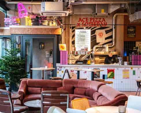 Marzano Lounge industrial venue with modular seating for networking and casual party events.