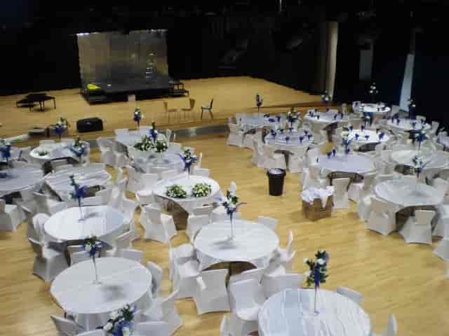 Haverstock School sports hall ballroom setup for banquet wedding event venue.