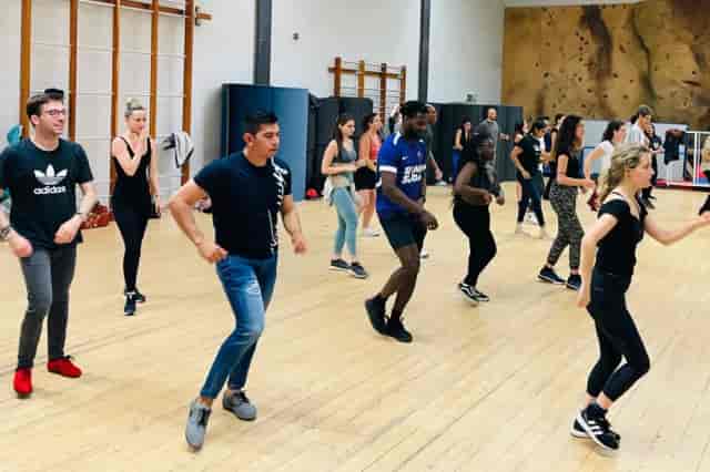 Corporate team-building dance session in a studio gym for employee wellness and group bonding.