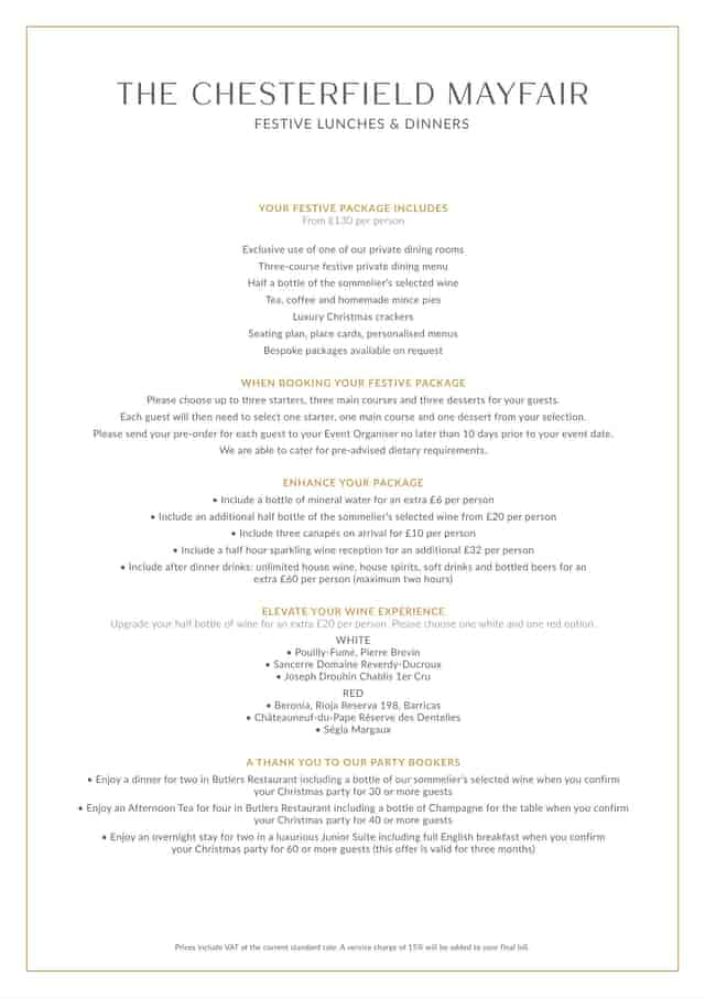 Christmas party event proposal template at The Chesterfield Mayfair Hotel for holiday planning.