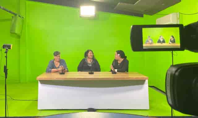 Studio 1 professional three-person panel for virtual event broadcast and chroma key production.