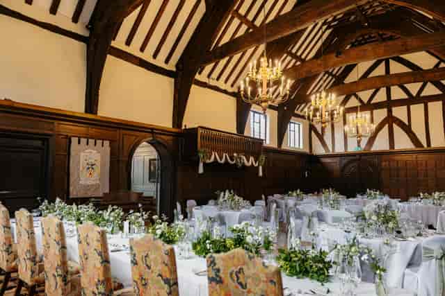 Historic venue in York with vaulted ceilings set for a formal banquet and wedding event.