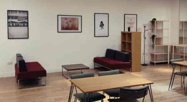 Modern break-out space with modular seating for networking events and creative workshops.