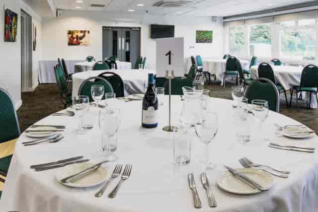 Shenstone Room banquet space with round tables for corporate luncheons and community events.