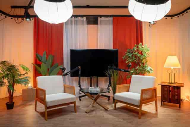 Soundproofed podcast studio with red accents for hybrid recording and professional event spaces.