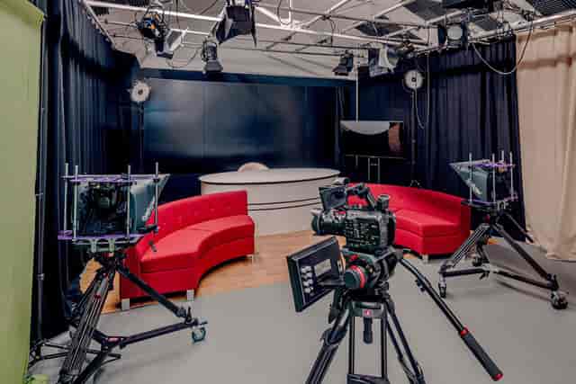 Professional multi-camera studio for virtual broadcasts and panel discussions at Ravenor Farm.