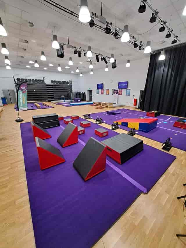 Audenshaw School gymnasium: multi-use function room for athletic events and sports conferences.
