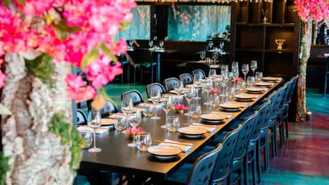 Private dining room at Southwick with long-table setup for corporate dinners and VIP events.
