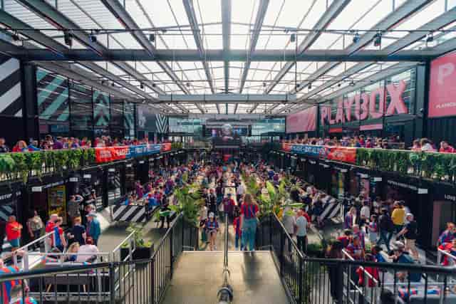 Industrial-chic PLAYBOX Croydon venue with atrium for corporate activations and networking events.