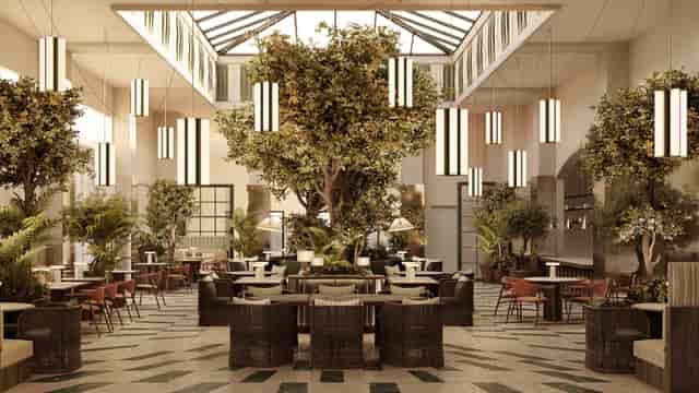 Mezzanine in Fern: High-end, biophilic corporate networking venue.