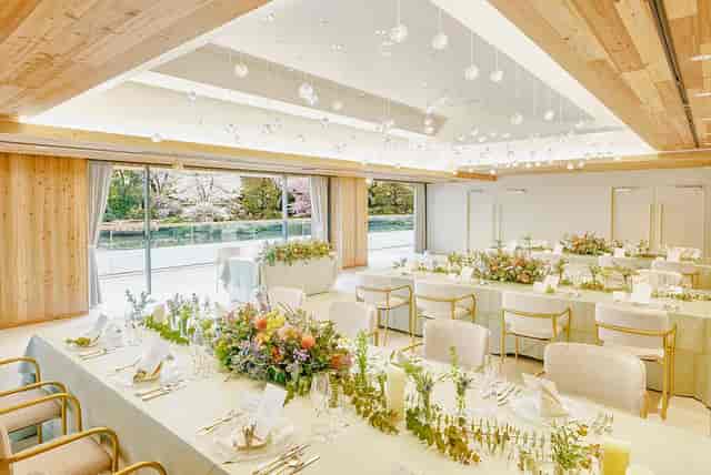 Elegant TENSHO banquet hall with floor-to-ceiling windows for upscale weddings and corporate events.