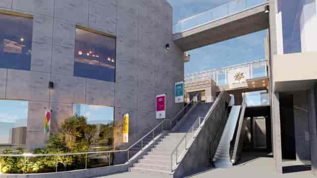 Kagura at Togo-Kinenkan: Modern multi-level event venue with escalators for corporate conferences.