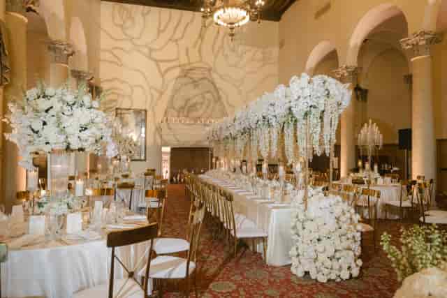 Luxury private dining banquet with floral ceiling decor for corporate events and gala dinners.