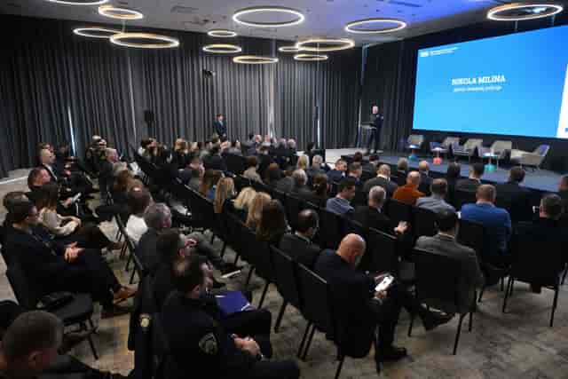 Corporate presentation at Hilton Garden Inn Zagreb with large LED screen for business events.