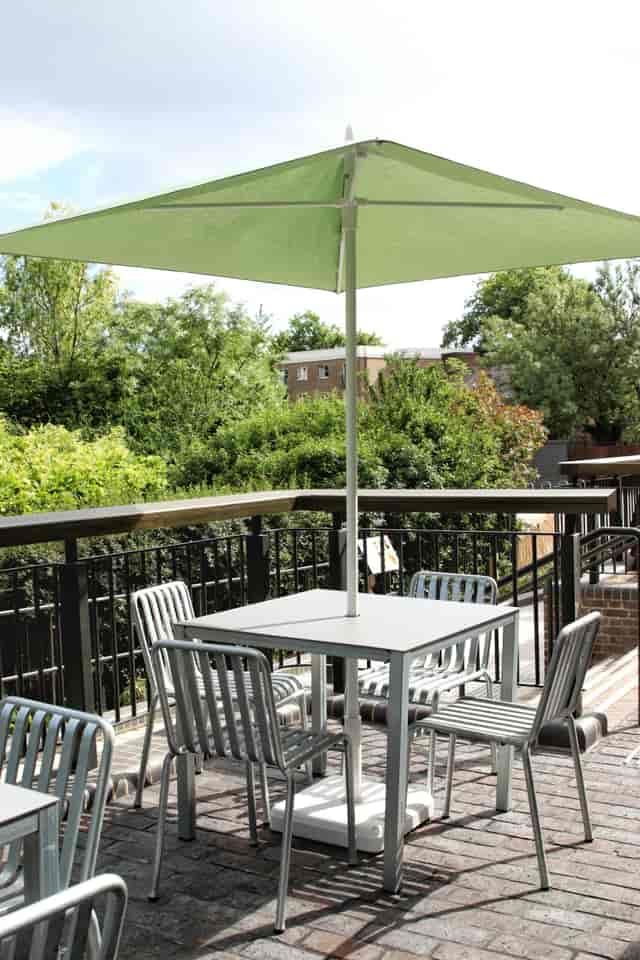 Outdoor cafe terrace at Quentin Blake Centre, ideal for networking and conference breakout sessions.