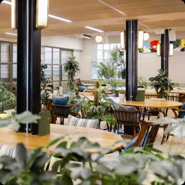 Biophilic breakout space for intimate networking receptions and small group co-working meetings.