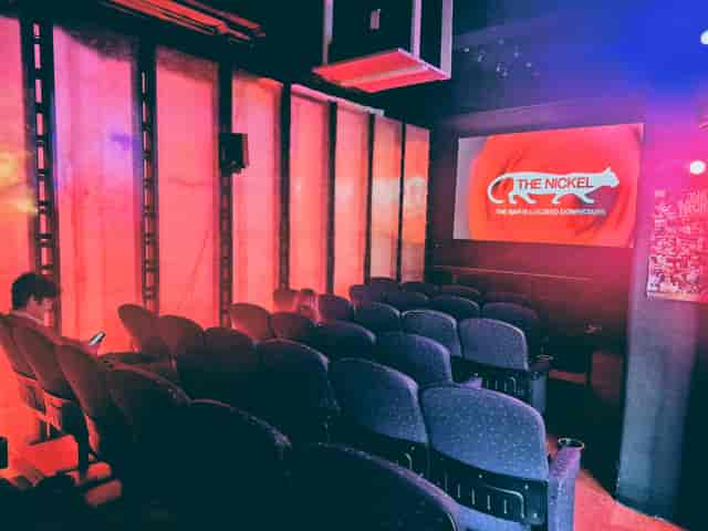 Soho Screening Room 1 with neon lighting for private brand events and presentations.
