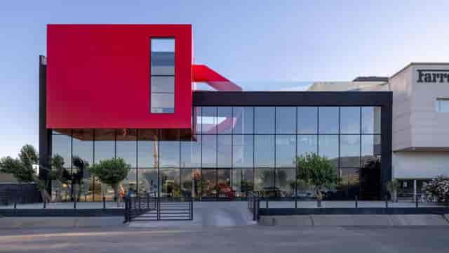 Modern red architectural venue at The Perception W London for corporate events and product launches.