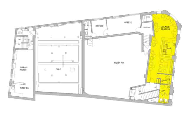 Ambassadors Theatre venue layout with central roof pit for hybrid events and networking spaces.