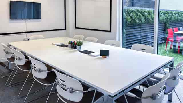 Small classroom boardroom setup for professional workshops and strategy sessions.