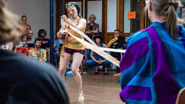 Immersive avant-garde performance art at Tensor Studios experiential event.
