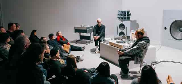 Minimalist fireside chat in Tensor Studios featuring intimate low-profile seating for events.