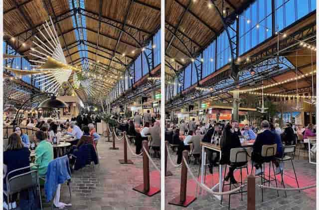 Gare Maritime networking reception venue with industrial architecture and bistro seating.
