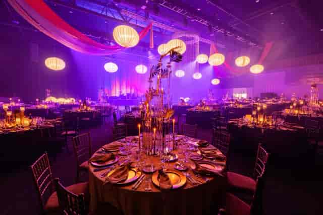 Gala setup in Gold Coast Convention Centre meeting room with elegant drapery and lighting.