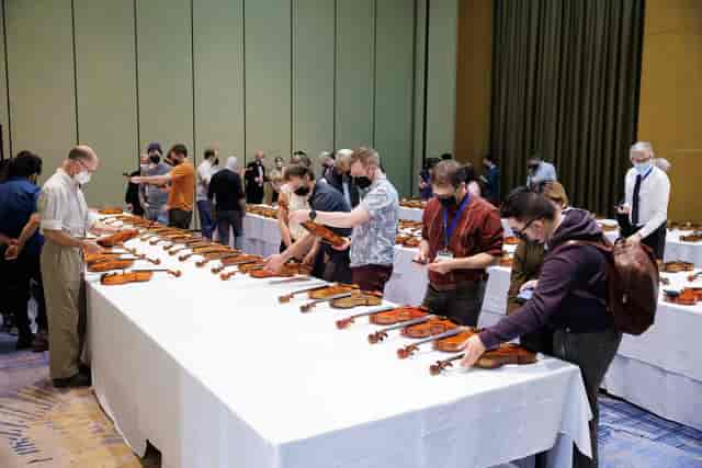 The Violin Factory venue featuring organized double-sided trade show displays for exhibitions.