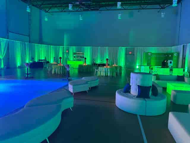 The Mean Fiddler event venue with lounge furniture and LED lighting for corporate networking.