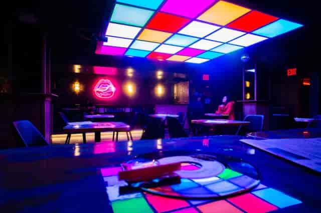 Retro-themed Woo Woo NYC lounge with neon lighting for networking events and corporate parties.