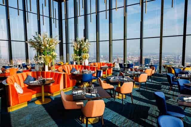 Private dining room in KIBOU Oxford with floor-to-ceiling windows for corporate events and galas.