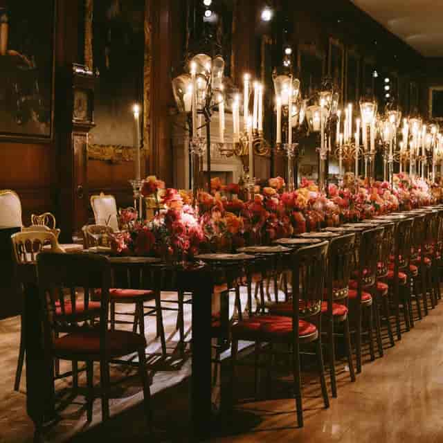 Long-format banquet seating with floral decor at The Violin Factory luxury event venue.