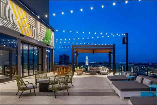 Limestone Rooftop lounge with skyline views for networking receptions and evening event rentals.