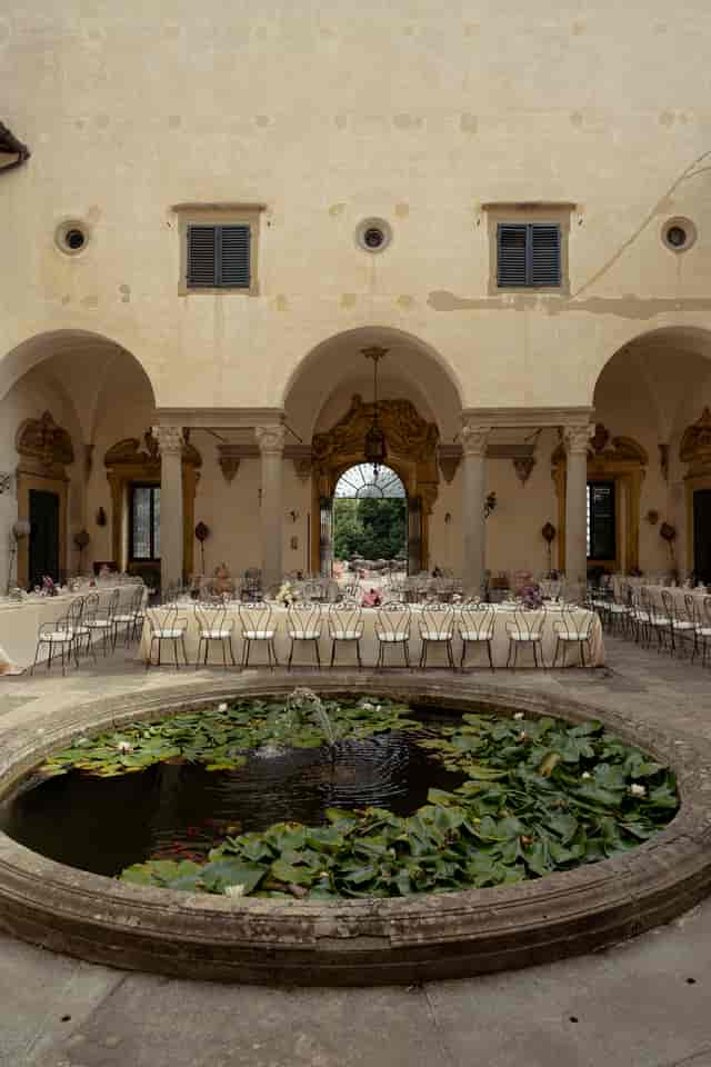 ALBA London venue featuring courtyard long-table seating for elegant gala or wedding reception.