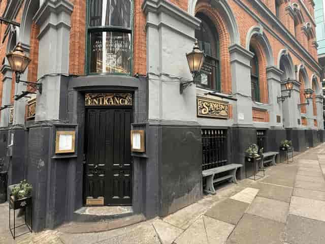 Sam's Chop House entrance for corporate happy hour and networking events.