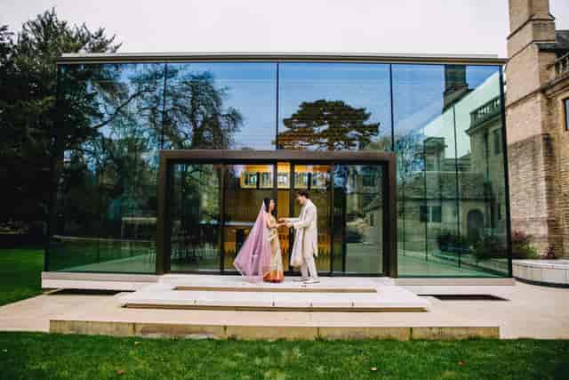 St Anne's College marquee venue with modern glass architecture for elegant wedding event hire.