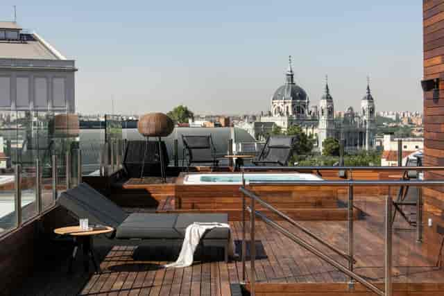 Rooftop terrace at Hotel Villamadrid with city views for VIP cocktail receptions and luxury events.