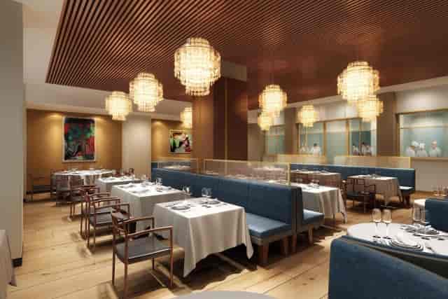 Upscale restaurant dining room at Aquavit for corporate dinners and VIP hospitality.