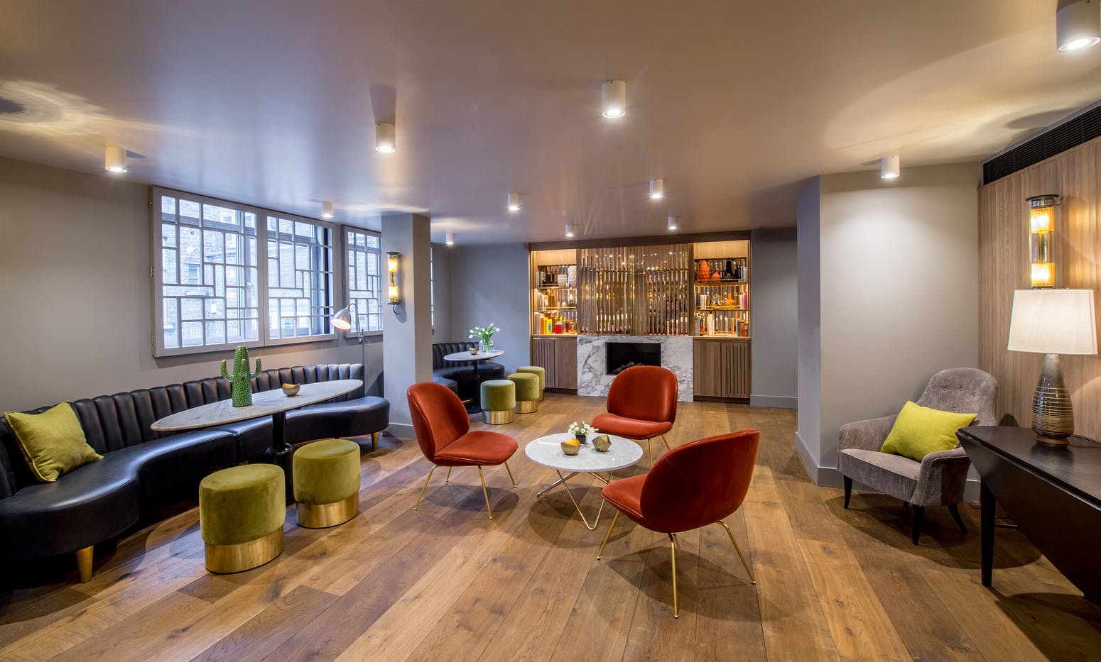 Stylish lounge in The Long Room, perfect for networking events and informal meetings.